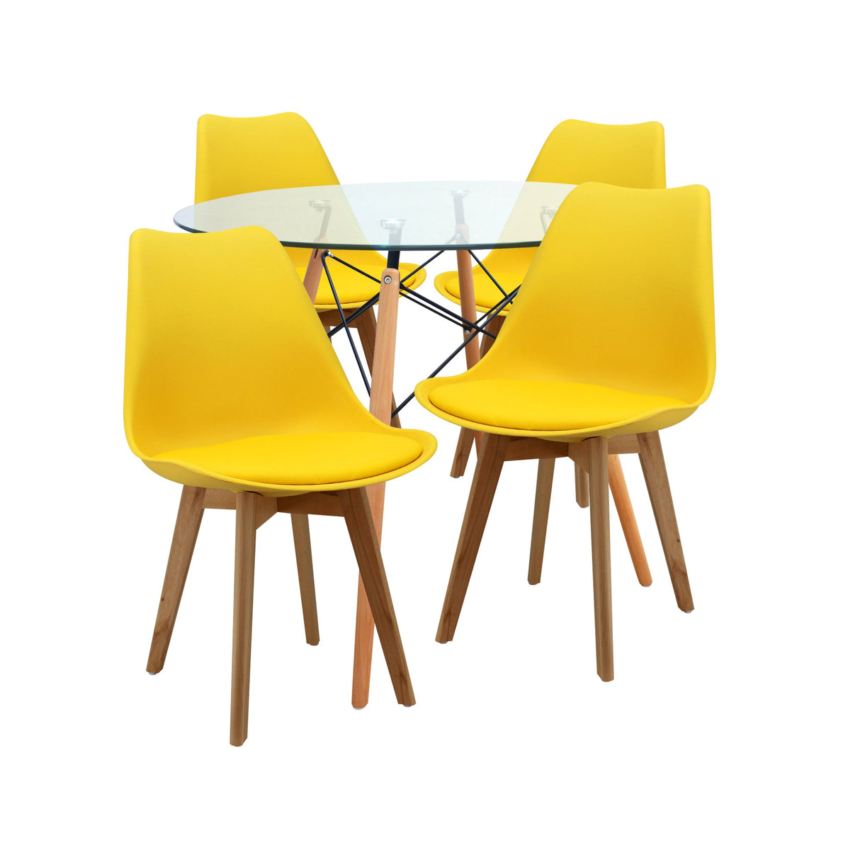 COMEDOR REDONDO TAPA VIDRIO MÁS 4 SILLAS JOLY AMARILLA