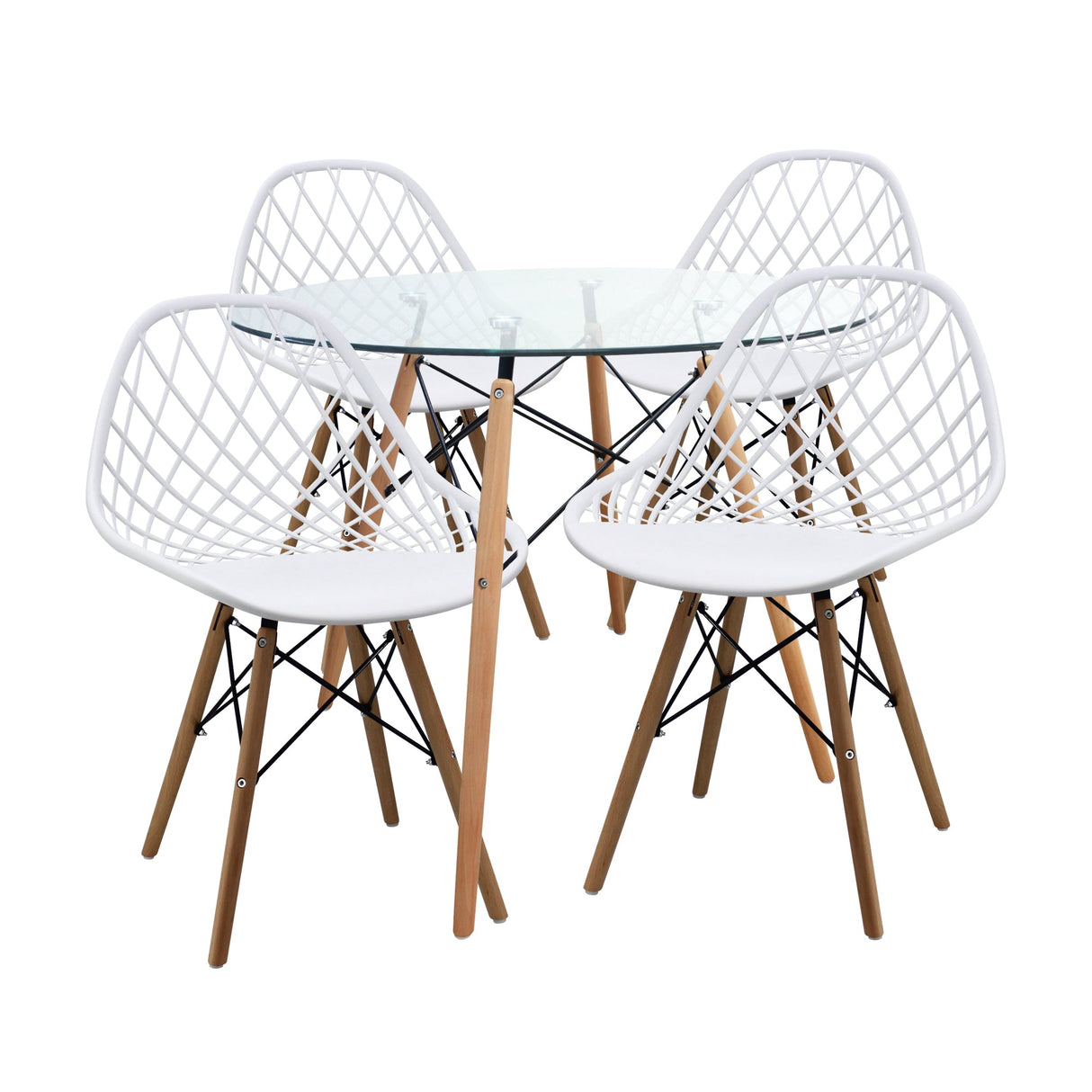 COMEDOR REDONDO TAPA VIDRIO MÁS 4 SILLAS KAILA BLANCAS
