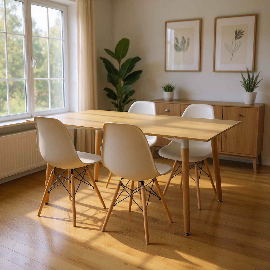 COMEDOR RECTANGULAR BRAVUS MÁS 4 SILLAS DKR TIPO EAMES BLANCAS