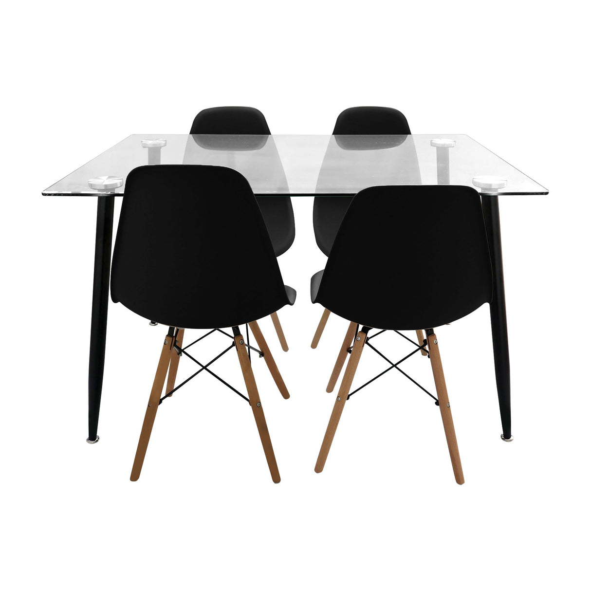 COMEDOR RECTANGULAR TAPA VIDRIO MÁS 4 SILLAS DKR TIPO EAMES NEGRAS