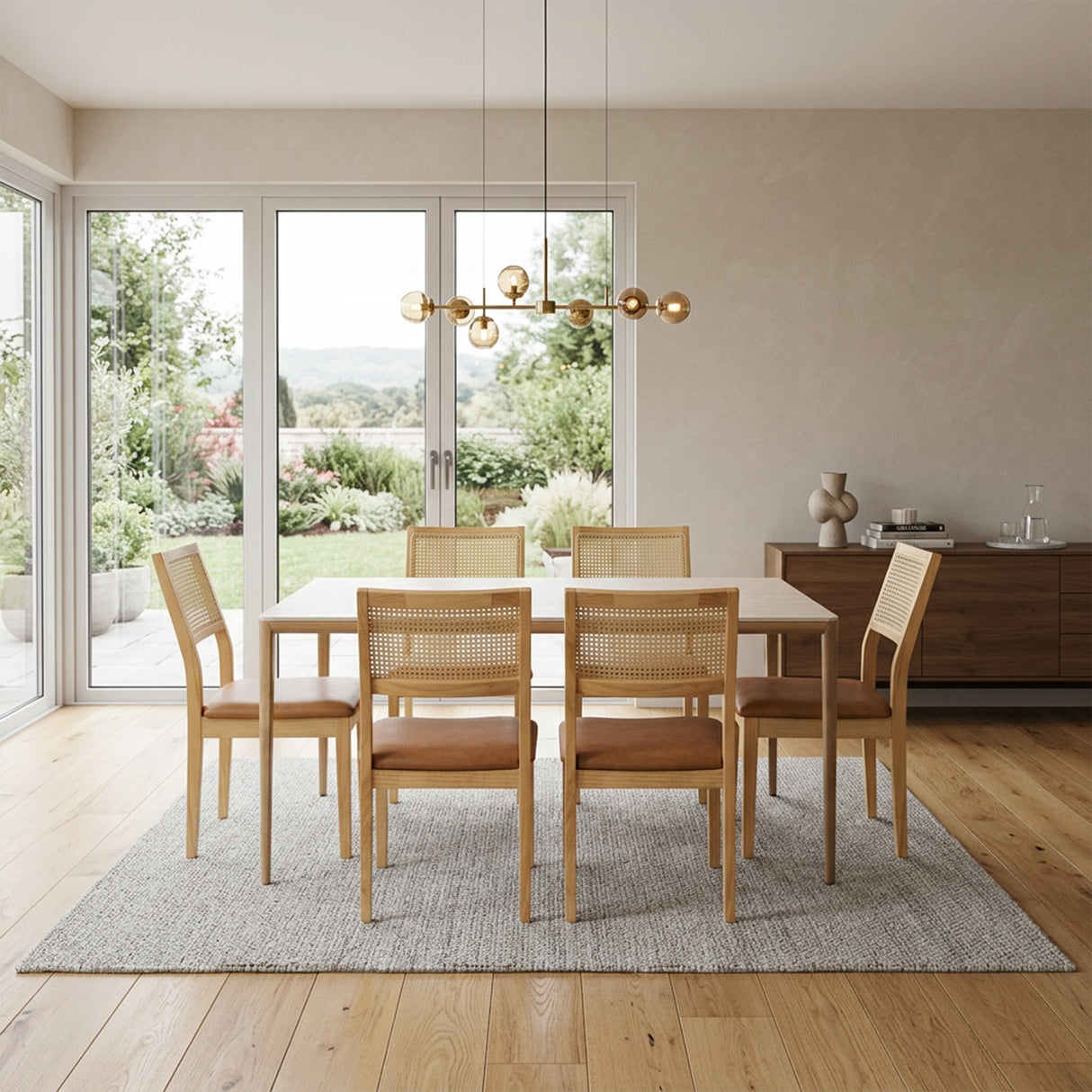 Comedor Lyra con 6 Sillas Dalia Caramelo | Mesa de Cerámica y Sillas de Madera de Arce