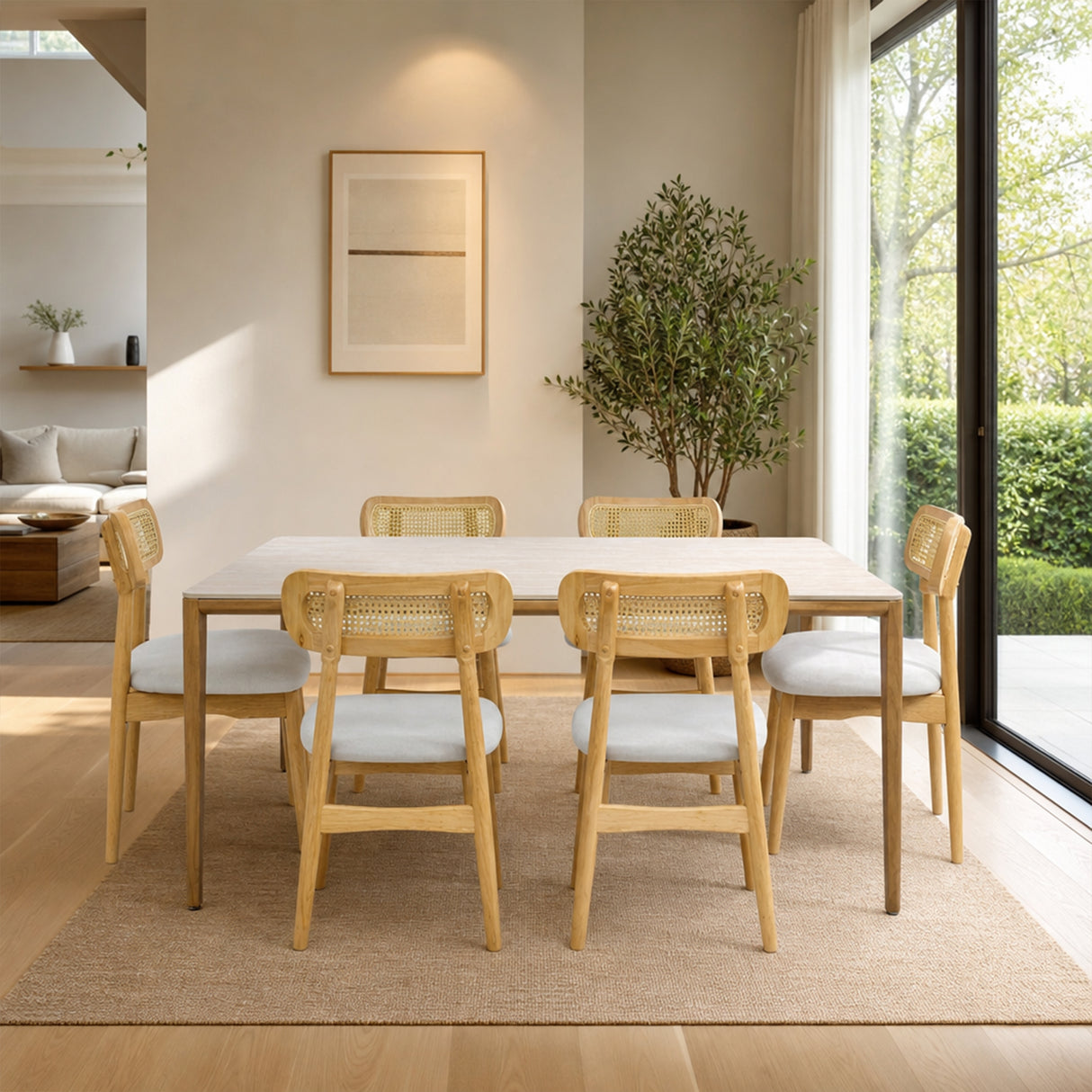 Comedor Lyra con 6 Sillas Lirio | Mesa de Cerámica y Sillas de Madera de Arce