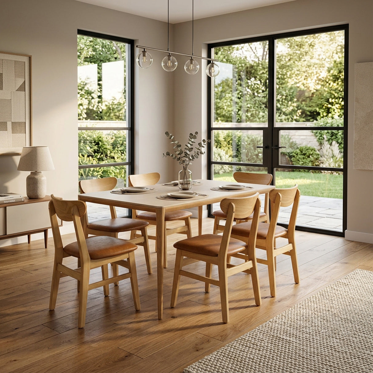 Comedor Lyra con 6 Sillas Orquídea | Mesa de Cerámica y Sillas de Madera de Arce