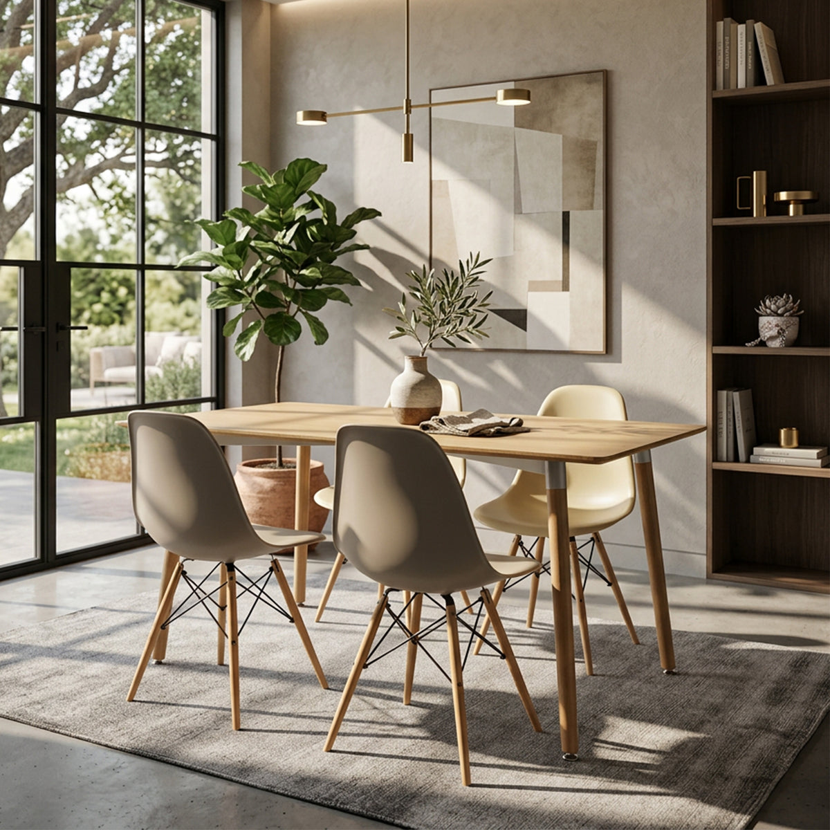 COMEDOR RECTANGULAR BRAVUS MÁS 4 SILLAS DKR TIPO EAMES BEIGE