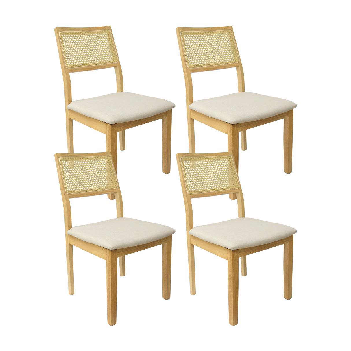 Set X4 Sillas Dalia en Madera de Arce con Respaldo en Ratán y Asiento en Tela Gris