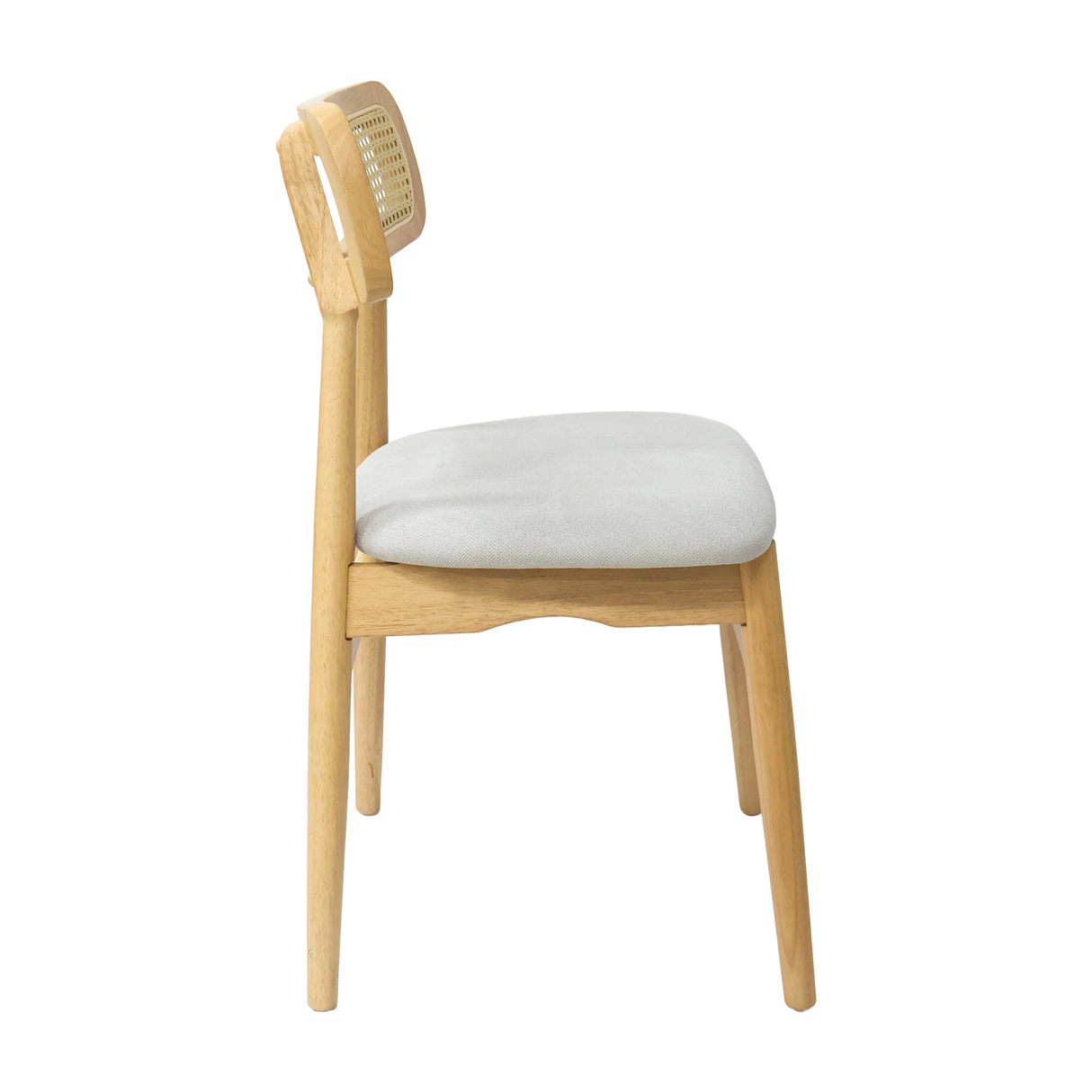 Silla Lirio en Madera de Arce con Respaldo en Ratán y Asiento Tapizado en Tela