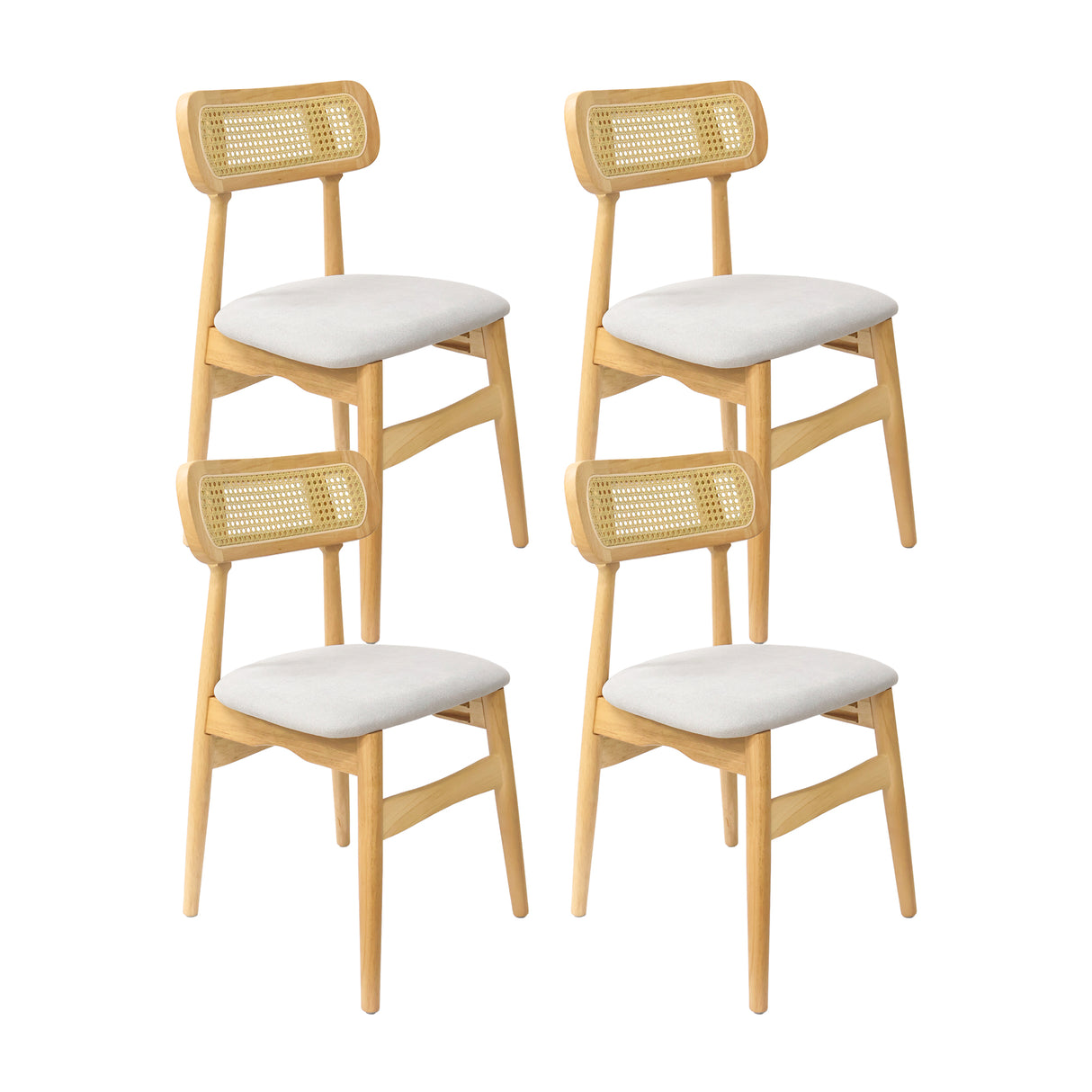 Set X4 Sillas Lirio en Madera de Arce con Respaldo en Ratán y Asiento Tapizado en Tela