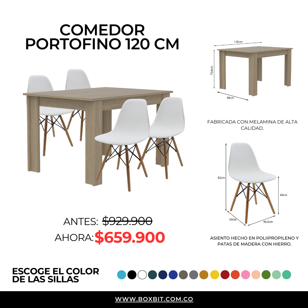 COMEDOR CUADRADO PORTOFINO MÁS 4 SILLAS DKR TIPO EAMES BLANCAS