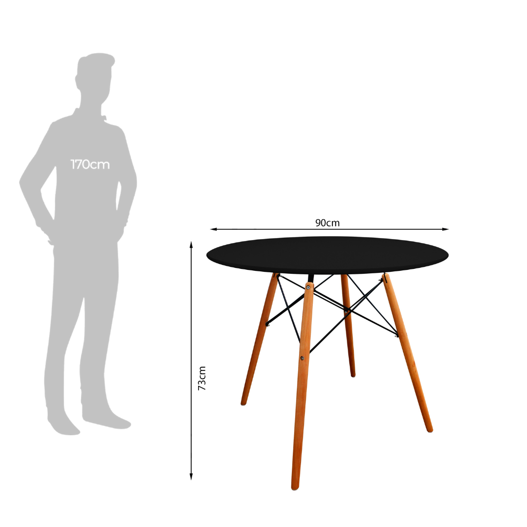 COMEDOR REDONDO TAPA NEGRA MÁS 4 SILLAS DKR TIPO EAMES BLANCAS