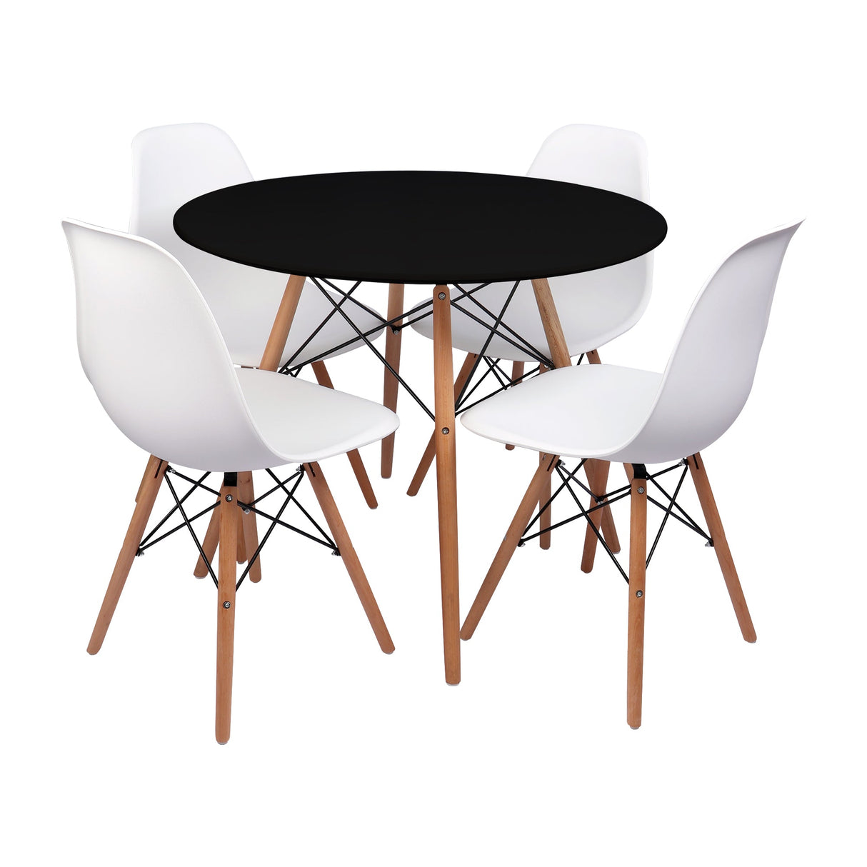 COMEDOR REDONDO TAPA NEGRA MÁS 4 SILLAS DKR TIPO EAMES BLANCAS