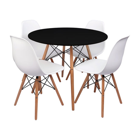 COMEDOR REDONDO TAPA NEGRA MÁS 4 SILLAS DKR TIPO EAMES BLANCAS