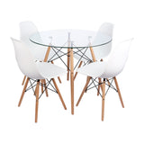 COMEDOR REDONDO TAPA VIDRIO MÁS 4 SILLAS DKR TIPO EAMES BLANCAS
