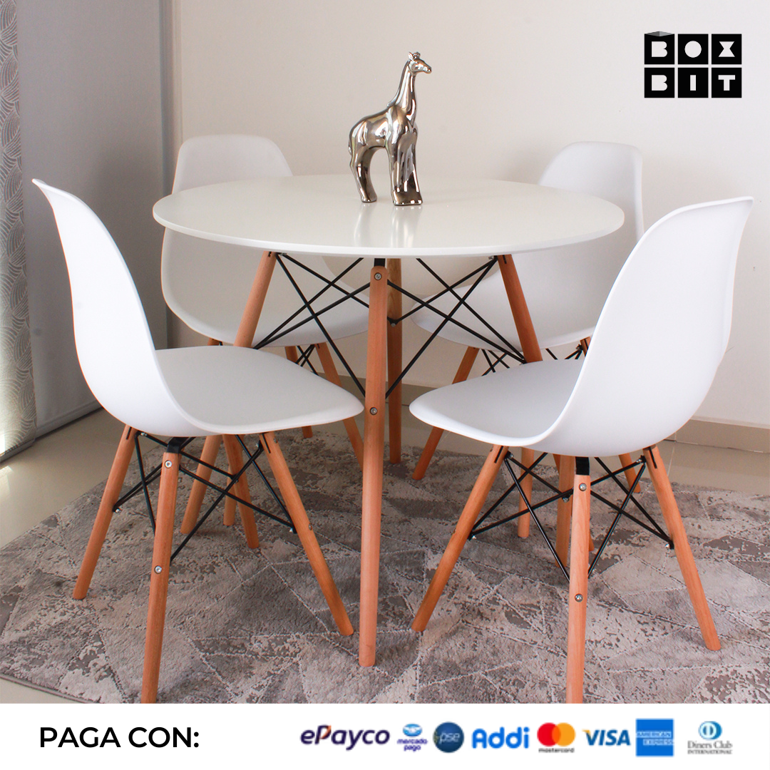 COMEDOR REDONDO TAPA BLANCA MÁS 4 SILLAS DKR TIPO EAMES NEGRAS