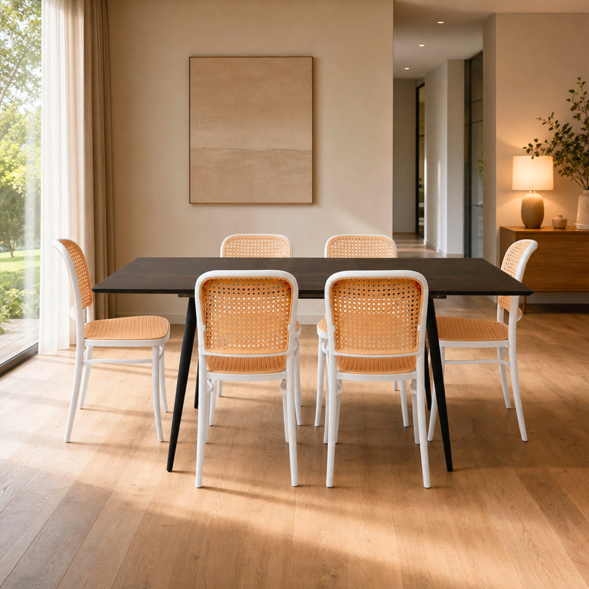 Comedor Nova con 6 Sillas Amis Blancas | Mesa Extensible y Sillas Tipo Ratán