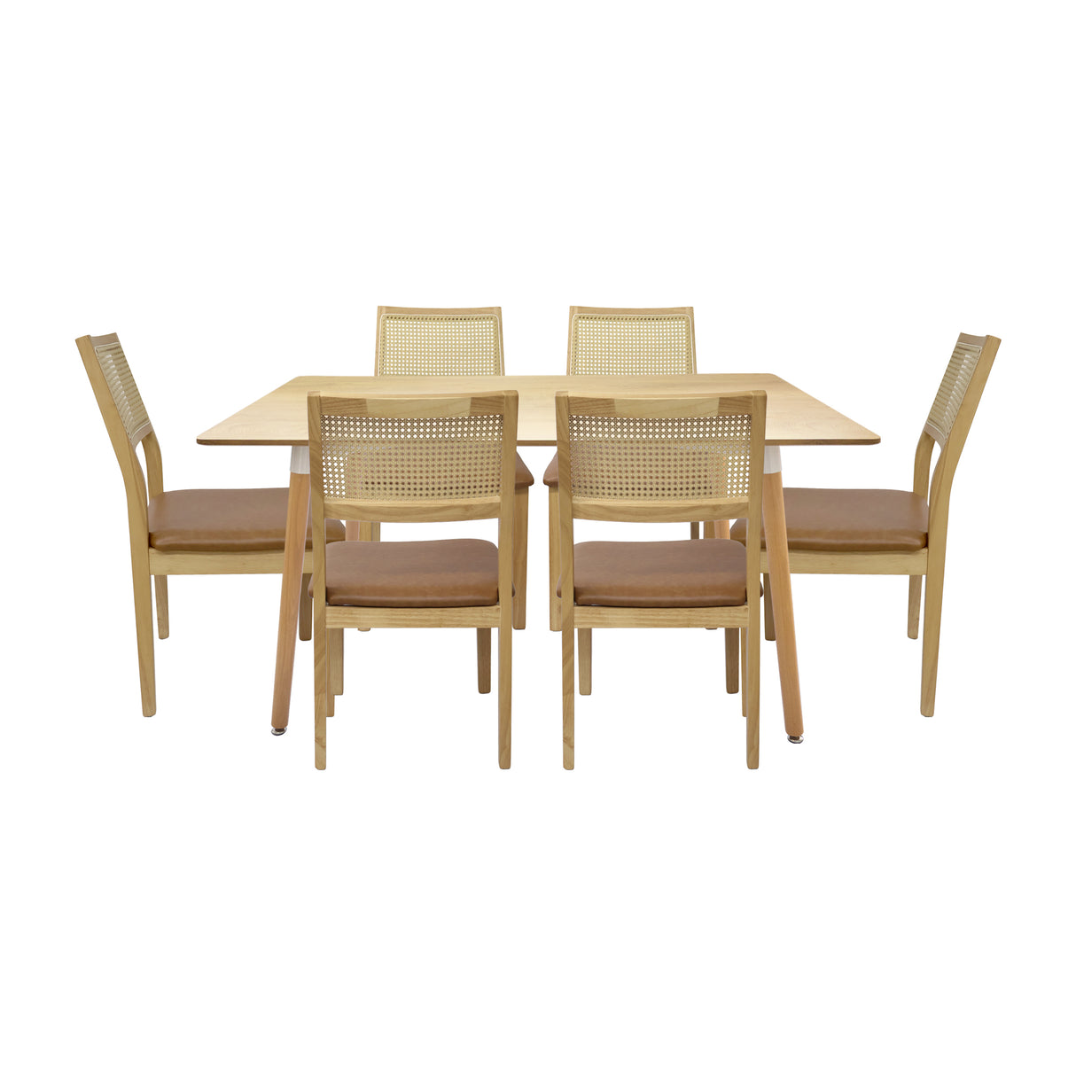 Comedor Bravus con 6 Sillas Dalia Caramelo | Mesa de Madera y Sillas con Respaldo en Ratán