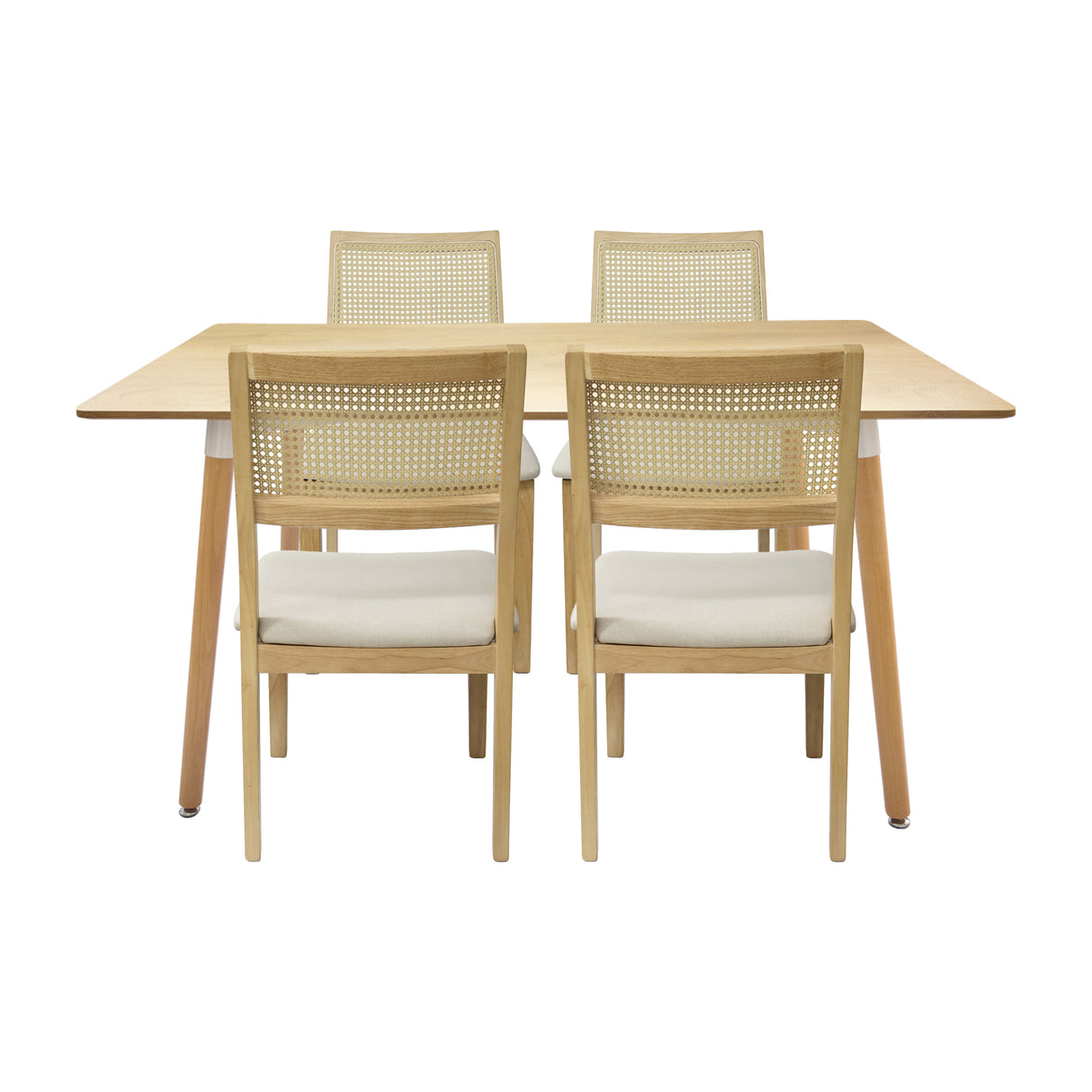 Comedor Bravus con 4 Sillas Dalia Beige | Mesa de Madera y Sillas con Respaldo en Ratán
