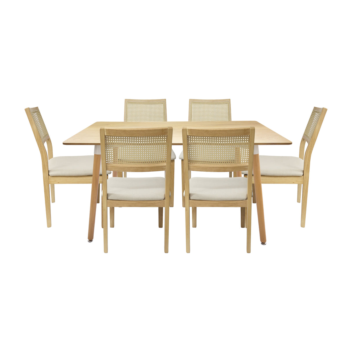 Comedor Bravus con 6 Sillas Dalia Beige | Mesa de Madera y Sillas con Respaldo en Ratán