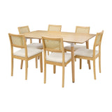 Comedor Bravus con 6 Sillas Dalia Beige | Mesa de Madera y Sillas con Respaldo en Ratán