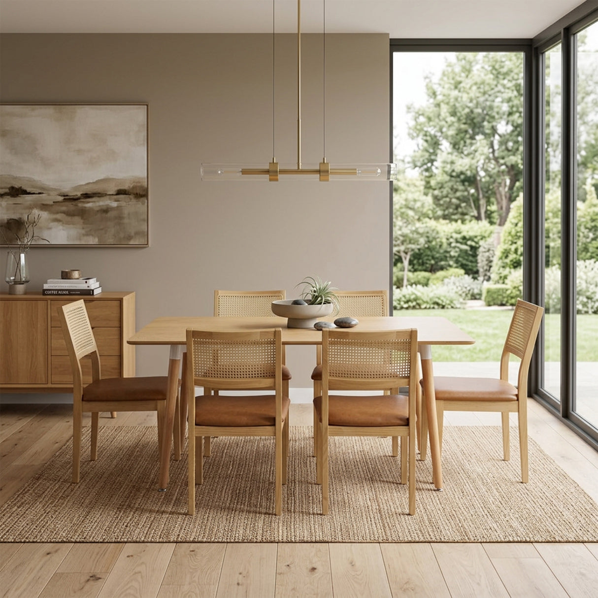 Comedor Bravus con 6 Sillas Dalia Caramelo | Mesa de Madera y Sillas con Respaldo en Ratán