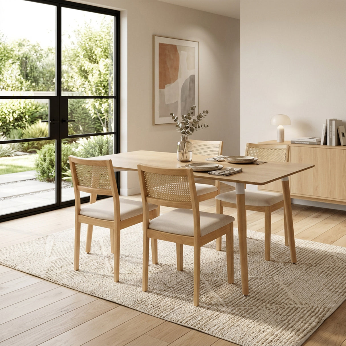 Comedor Bravus con 4 Sillas Dalia Beige | Mesa de Madera y Sillas con Respaldo en Ratán