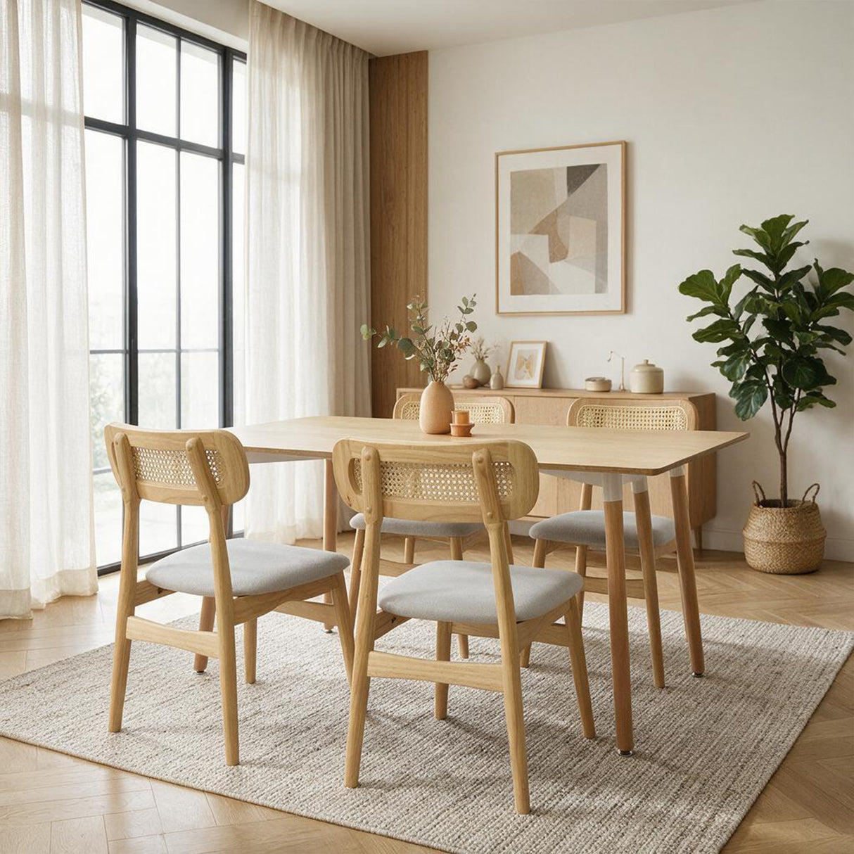 Comedor Bravus con 4 Sillas Lirio | Mesa de Madera y Sillas con Respaldo en Ratán
