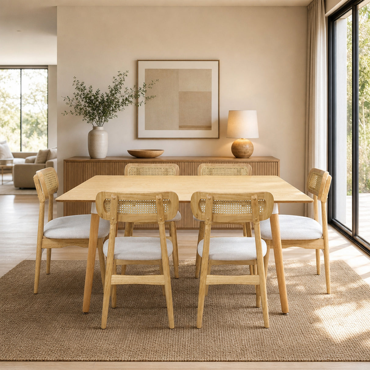 Comedor Bravus con 6 Sillas Lirio | Mesa de Madera y Sillas con Respaldo en Ratán