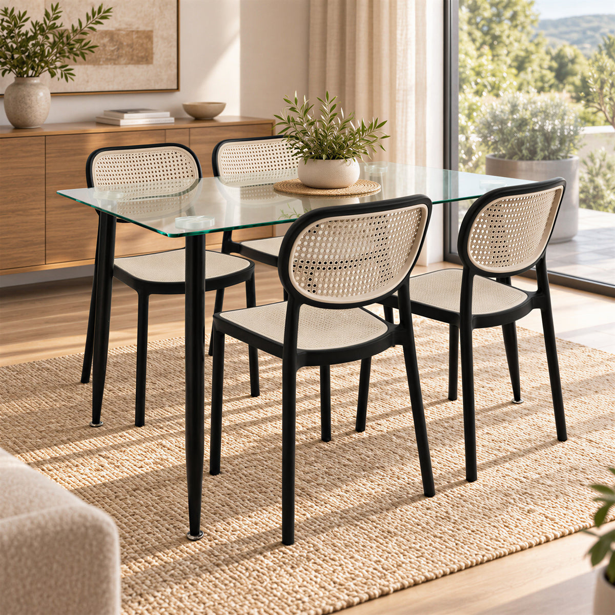 Comedor Rectangular Tapa Vidrio más 4 Sillas Silla Art Nattura Negras