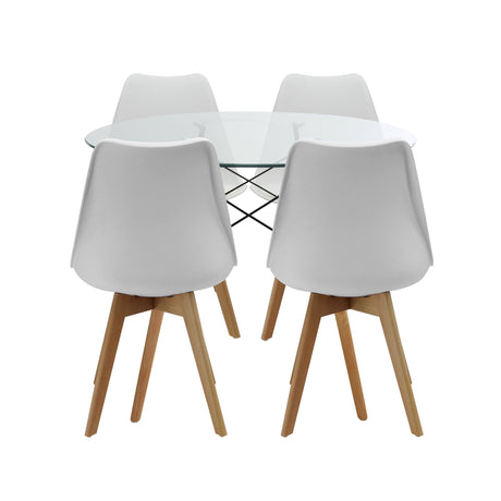 COMEDOR REDONDO TAPA VIDRIO MÁS 4 SILLAS JOLY BLANCAS