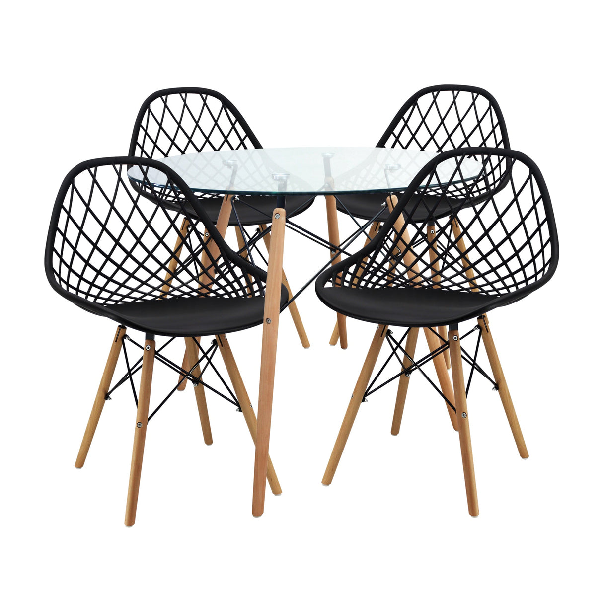 COMEDOR REDONDO TAPA VIDRIO MÁS 4 SILLAS KAILA NEGRAS