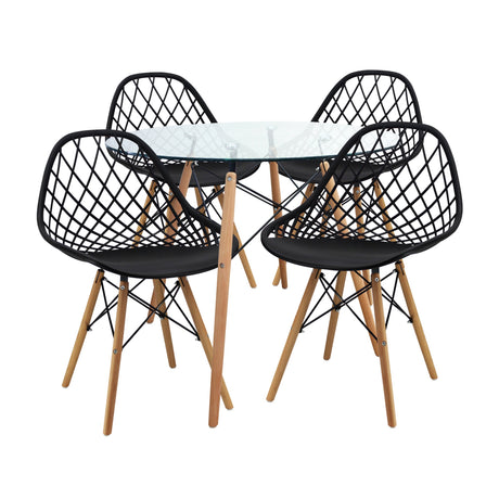 COMEDOR REDONDO TAPA VIDRIO MÁS 4 SILLAS KAILA NEGRAS