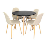 COMEDOR REDONDO TAPA DE MADERA NEGRA MÁS 4 SILLAS CHARLA BEIGE