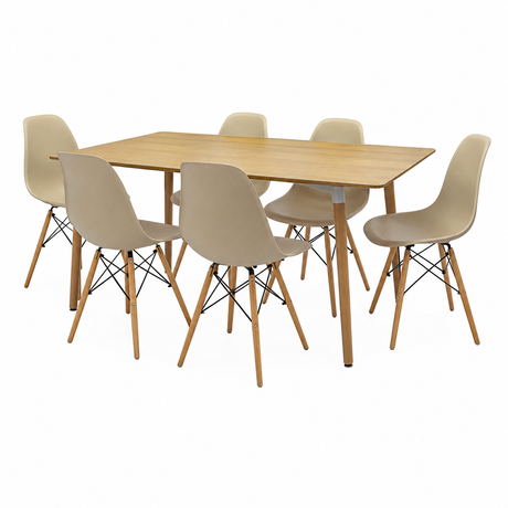 COMEDOR RECTANGULAR BRAVUS MÁS 6 SILLAS DKR TIPO EAMES BEIGE