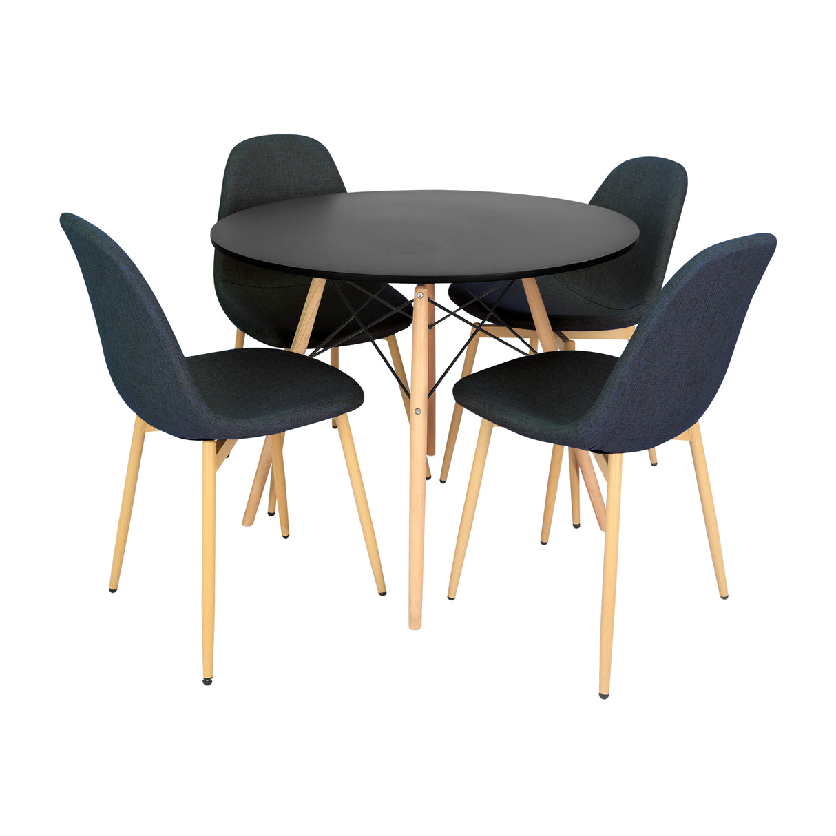 Comedor Redondo Tapa de Madera Negra más 4 sillas Charla Índigo