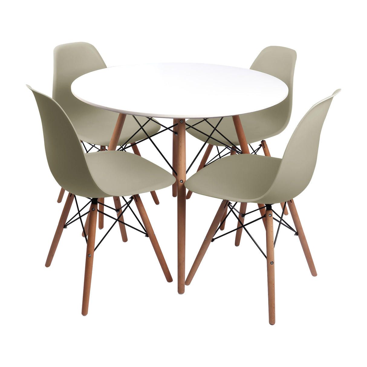 COMEDOR REDONDO TAPA BLANCA MÁS 4 SILLAS DKR TIPO EAMES BEIGE