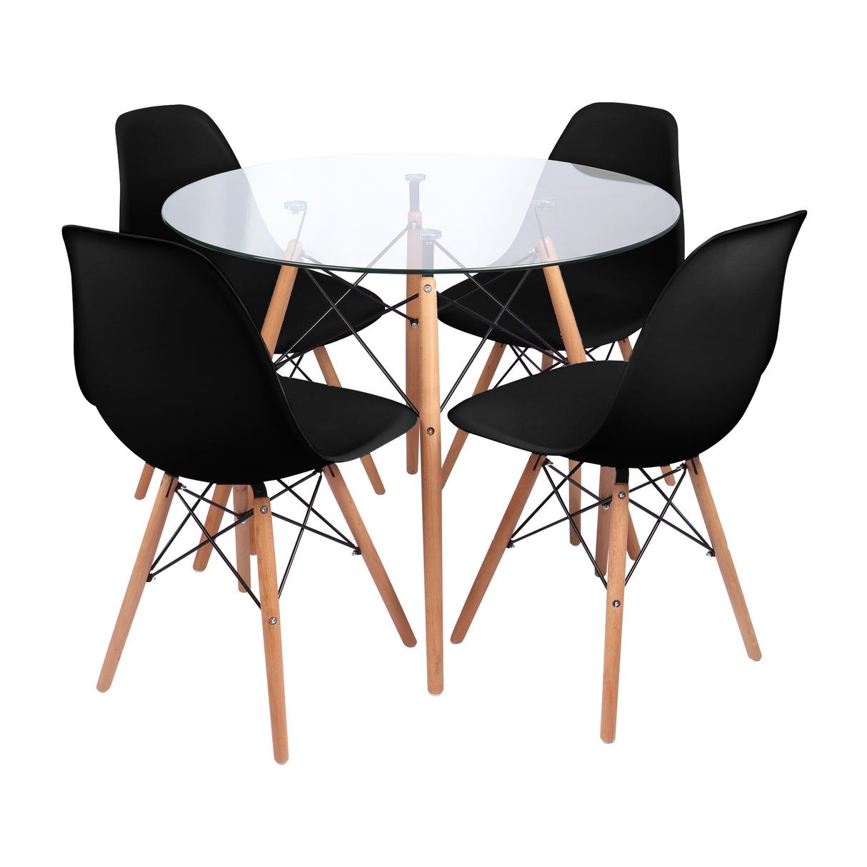 COMEDOR REDONDO TAPA VIDRIO MÁS 4 SILLAS DKR TIPO EAMES NEGRA