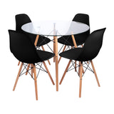 COMEDOR REDONDO TAPA VIDRIO MÁS 4 SILLAS DKR TIPO EAMES NEGRA