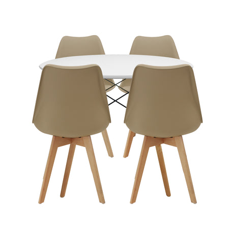 COMEDOR REDONDO TAPA BLANCA MÁS 4 SILLAS JOLY ACOLCHADAS BEIGE