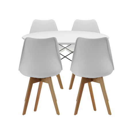 COMEDOR REDONDO TAPA BLANCA MÁS 4 SILLAS JOLY ACOLCHADAS BLANCAS