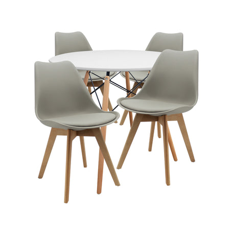 COMEDOR REDONDO TAPA BLANCA MÁS 4 SILLAS JOLY ACOLCHADAS GRIS