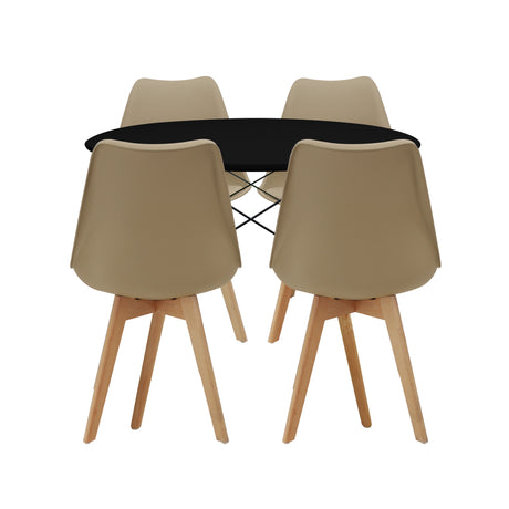 COMEDOR REDONDO TAPA NEGRA MÁS 4 SILLAS JOLY ACOLCHADAS BEIGE