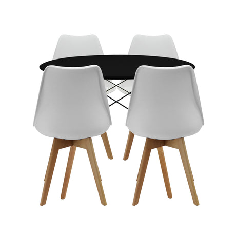 COMEDOR REDONDO TAPA NEGRA MÁS 4 SILLAS JOLY ACOLCHADAS BLANCAS