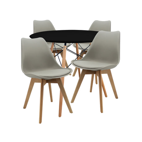 COMEDOR REDONDO TAPA NEGRA MÁS 4 SILLAS JOLY ACOLCHADAS GRIS