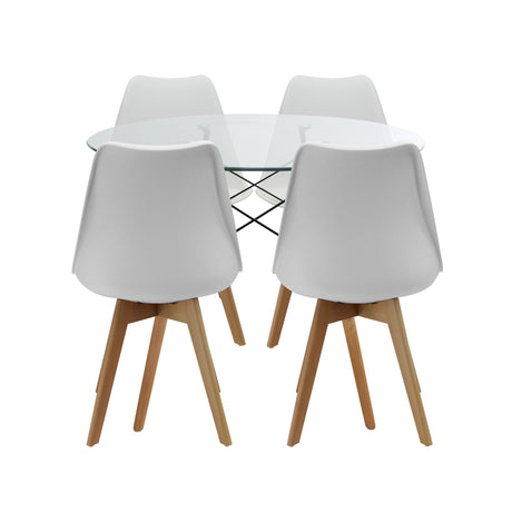 COMEDOR REDONDO TAPA VIDRIO MÁS 4 SILLAS JOLY ACOLCHADAS BLANCAS