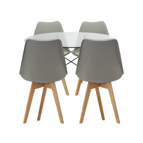 COMEDOR REDONDO TAPA VIDRIO MÁS 4 SILLAS JOLY ACOLCHADAS GRIS