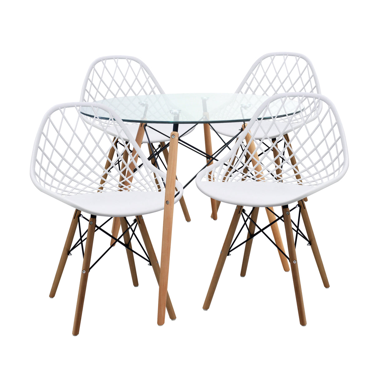 COMEDOR REDONDO TAPA VIDRIO MÁS 4 SILLAS KAILA BLANCAS