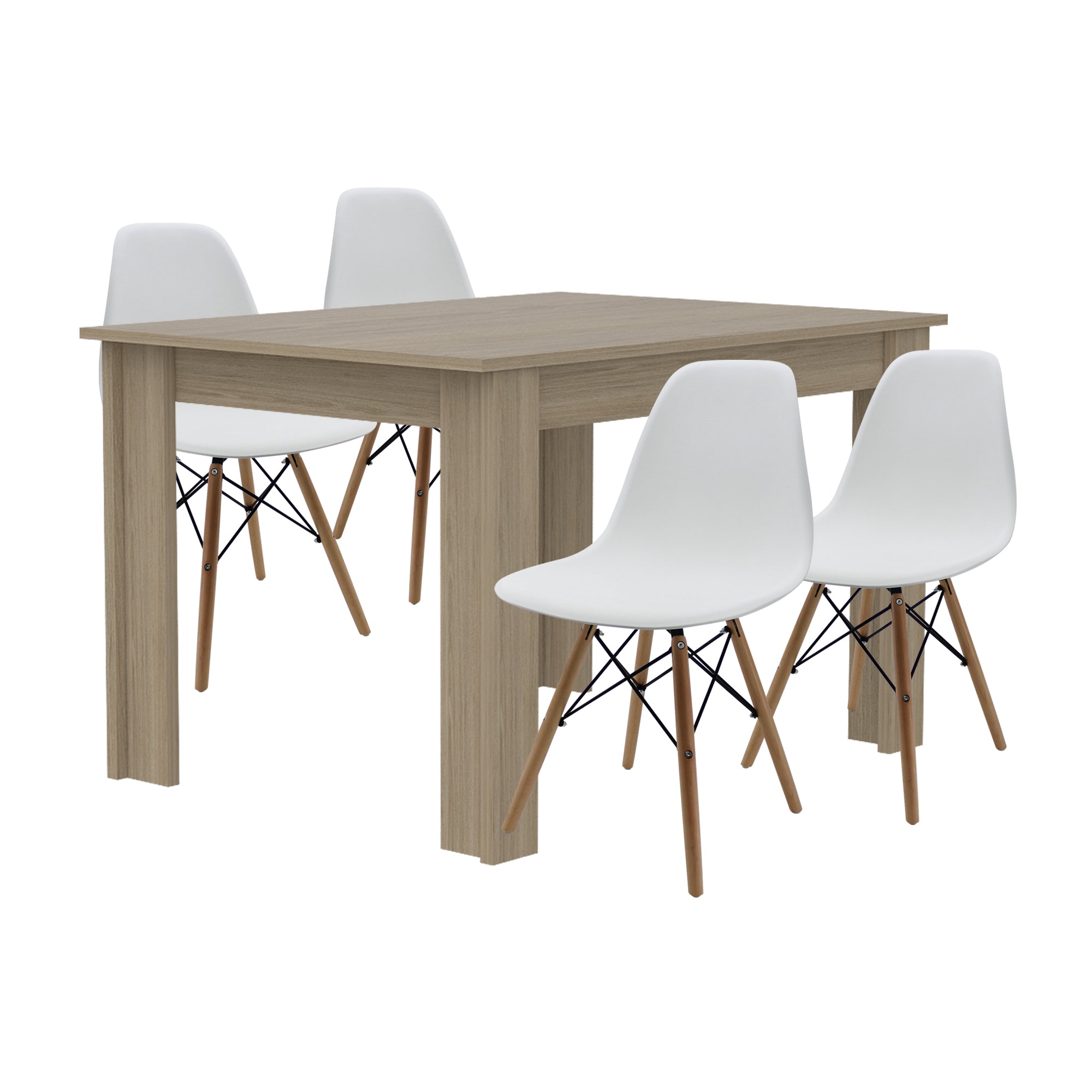 COMEDOR CUADRADO PORTOFINO MÁS 4 SILLAS DKR TIPO EAMES BLANCAS