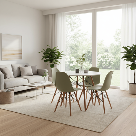 COMEDOR REDONDO TAPA BLANCA MÁS 4 SILLAS DKR TIPO EAMES BEIGE
