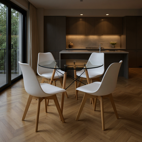 Comedor 4 Puestos Redondo Cristal con Sillas Joly Blancas — Boxbit