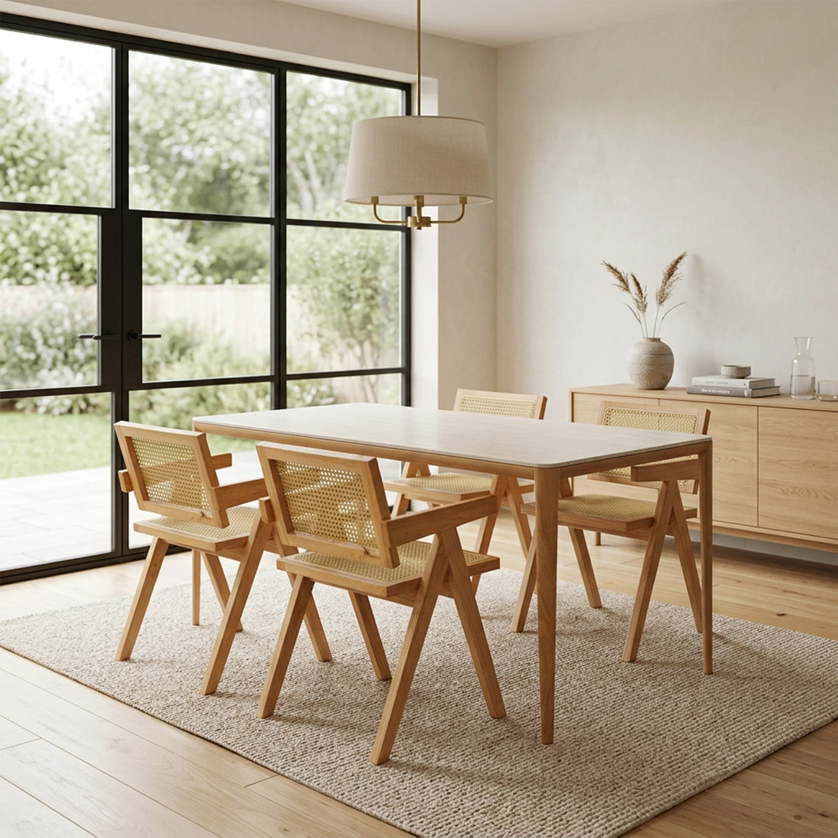 Comedor Lyra con 4 Sillas Buganvilia | Mesa de Cerámica y Sillas de Madera de Arce