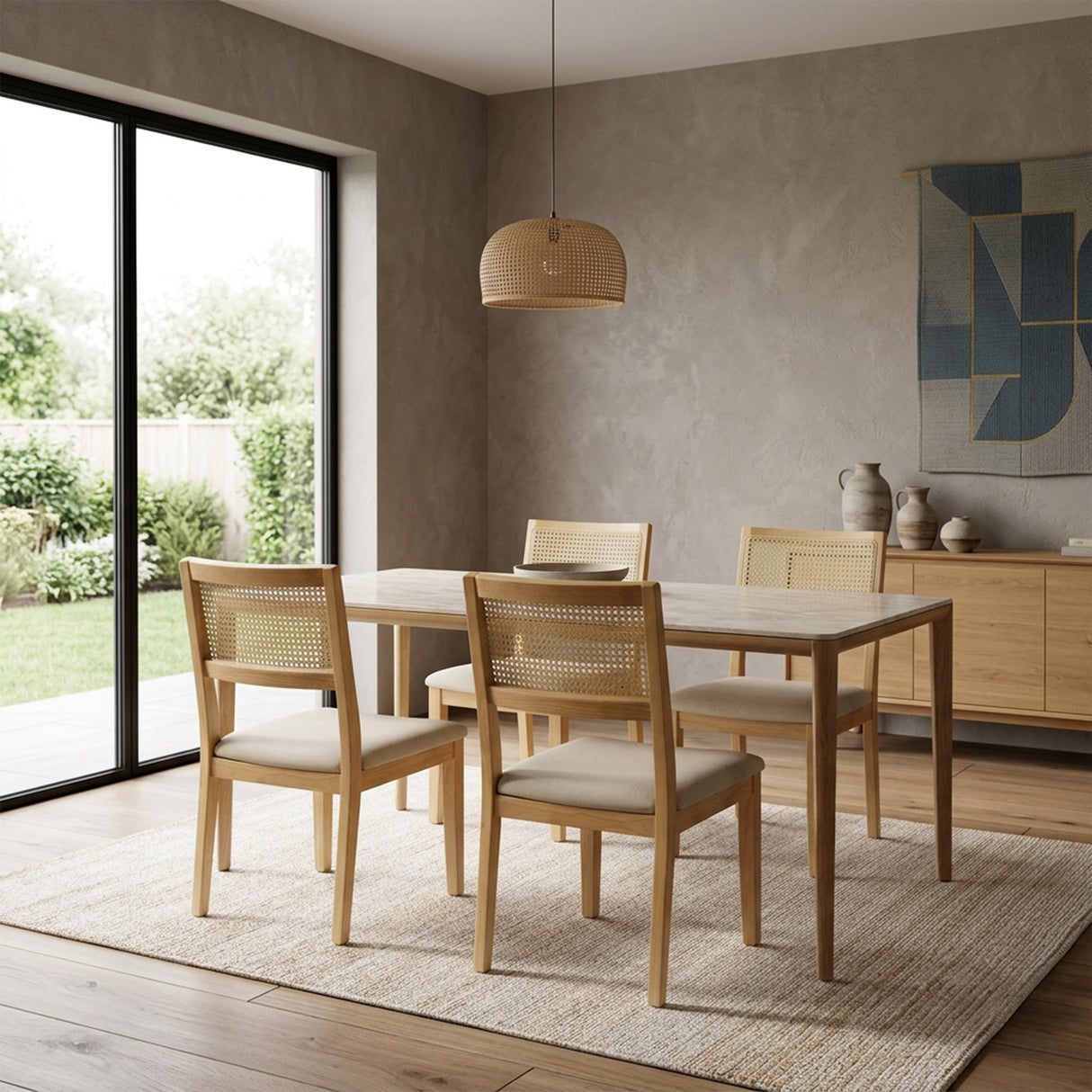 Comedor Lyra con 4 Sillas Dalia Gris | Mesa de Cerámica y Sillas de Madera de Arce